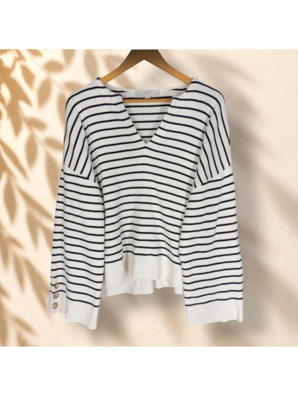 Loft Sweater Pullover Women XL White Striped Knit V-Neck Long Sleeve Soft Cotton